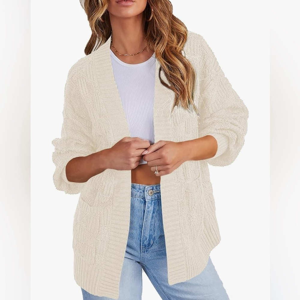 NEW Ivory Oversized Checkered Chunky Cardigan Sweater Open Front S